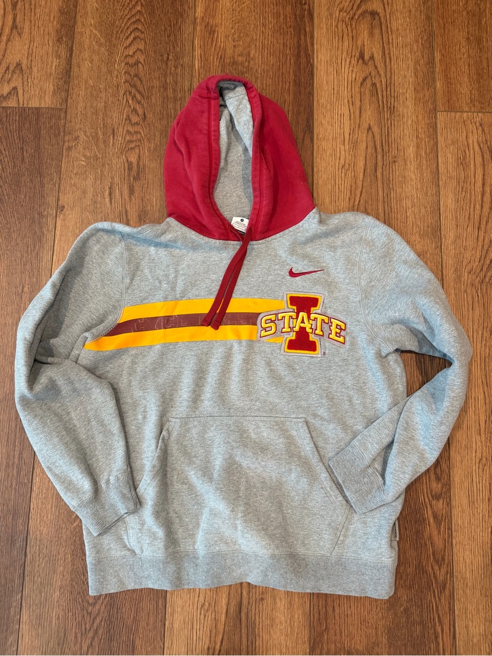 Nike Gray Hooded Sweatshirt with Red Hood and Yellow Stripe